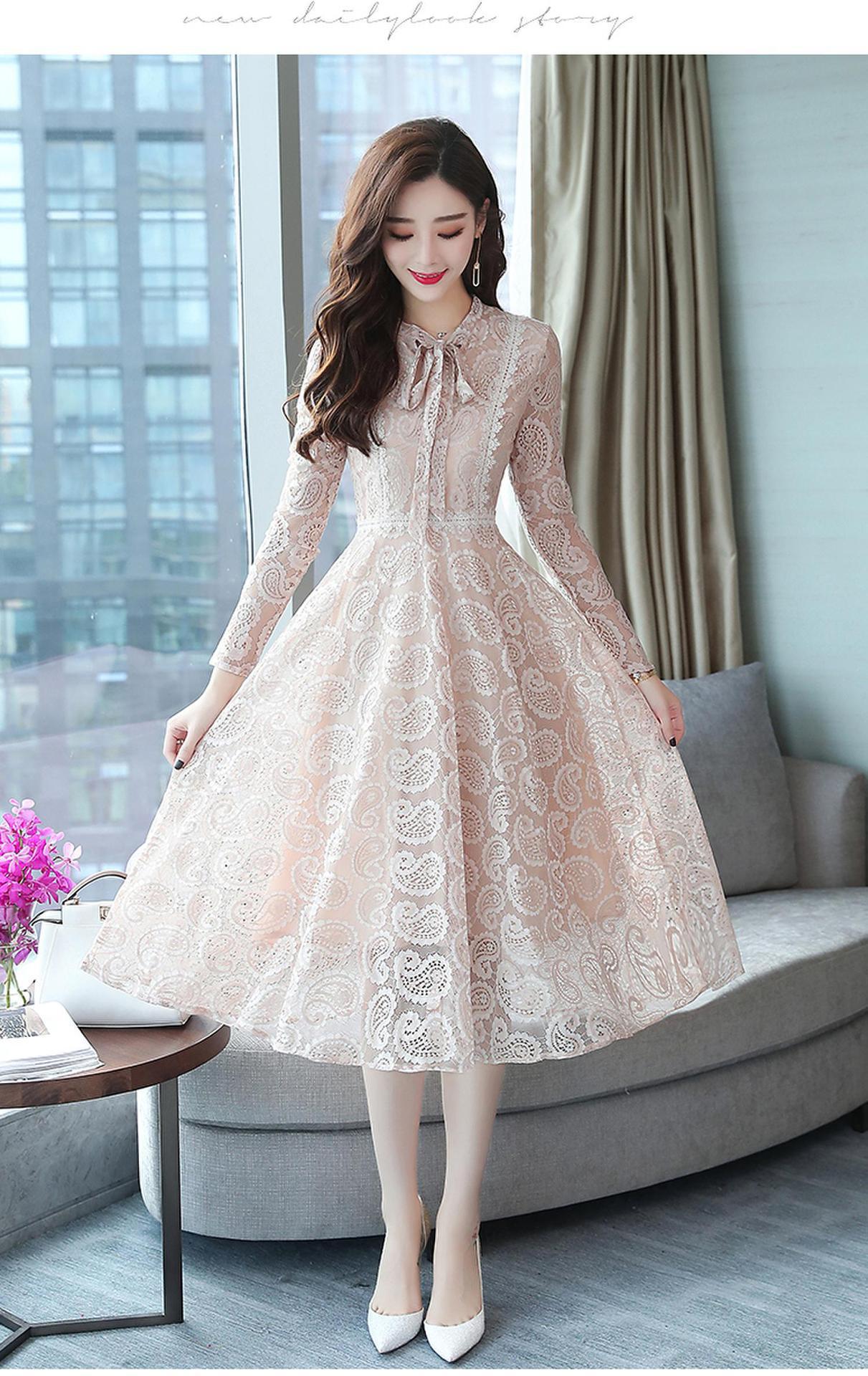 实拍长袖蕾丝连衣裙女2018秋装新款中长款修身裙子气质淑女打底裙女装